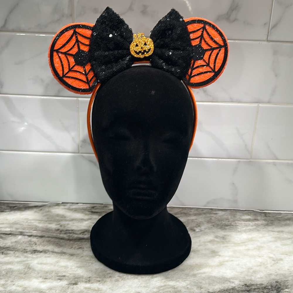 Halloween Pumpkin Minnie Mouse Sequin Ears Headband NEW Bow Spider Webs
